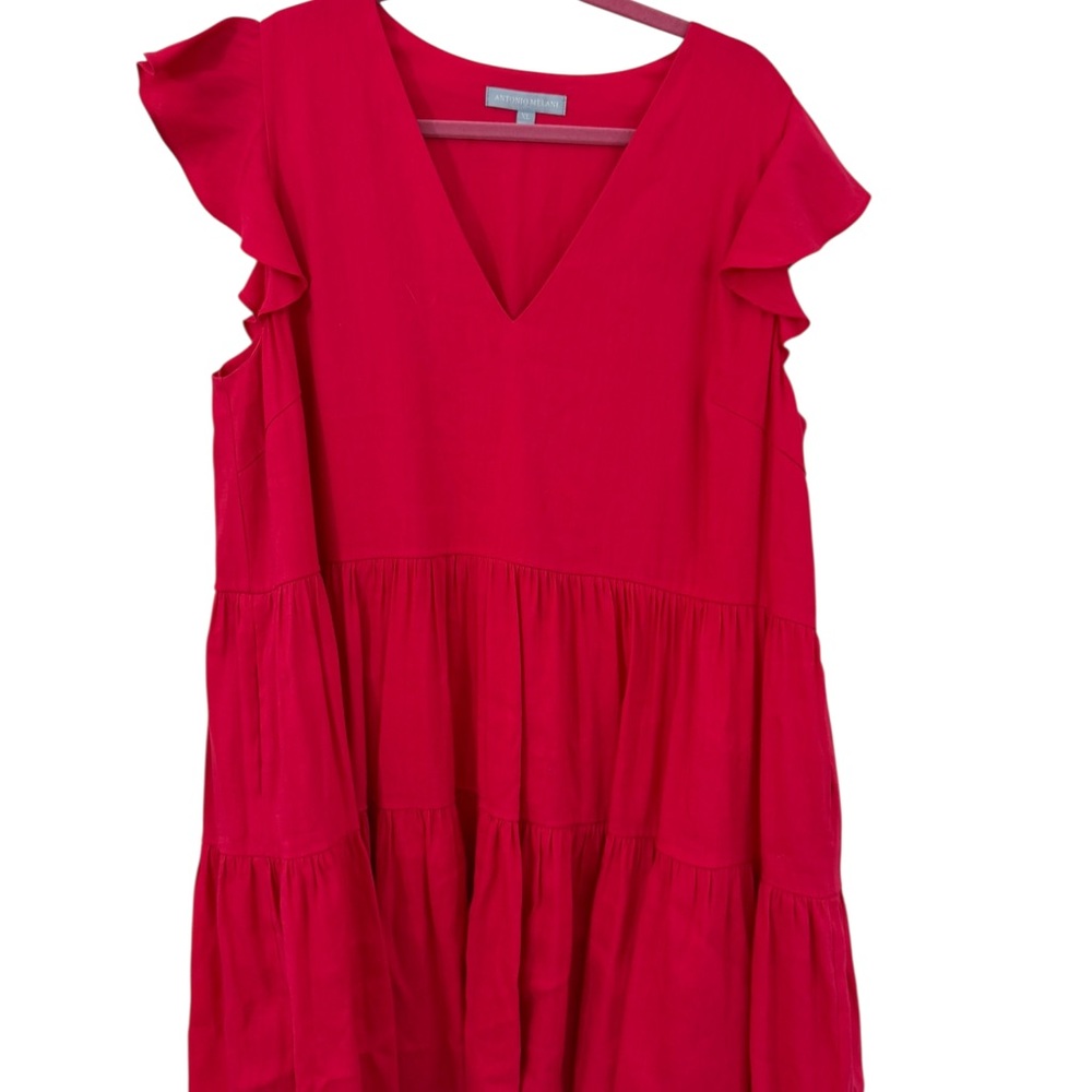 ANTONIO MELANI Linen Blend Red Flutter Sleeve V-Neck Dress. XL. EUC - worn once.